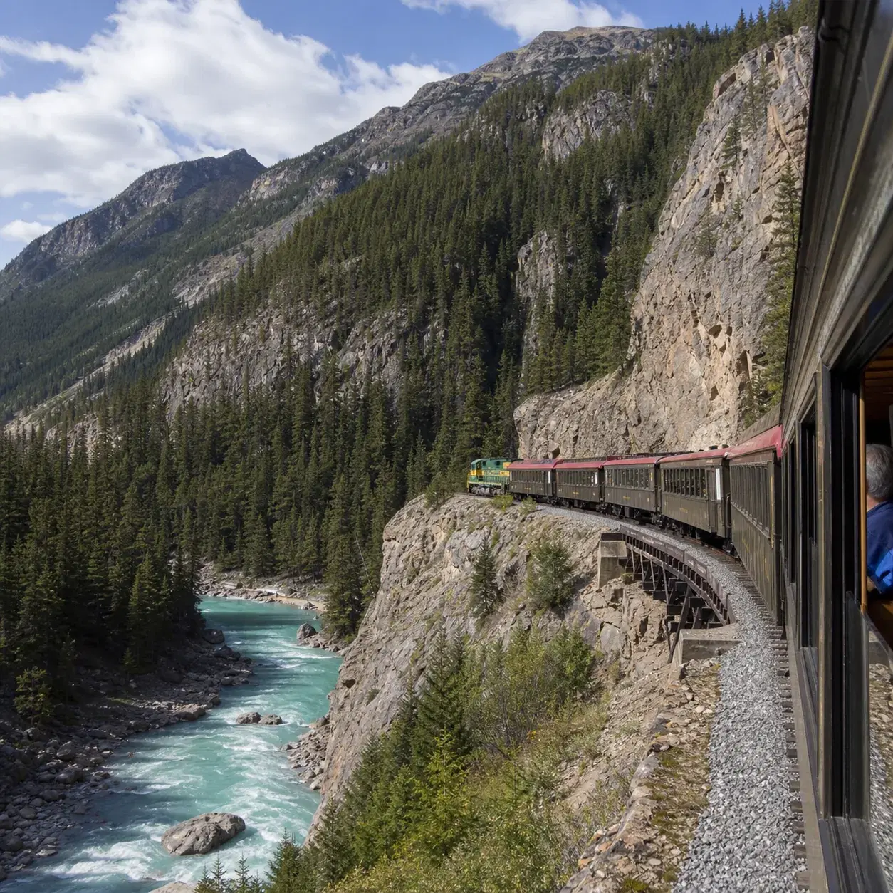 Realistic editorial photo of a narrow gauge train on the White Pass and Yukon Route above Skagway Alaska with mountains,