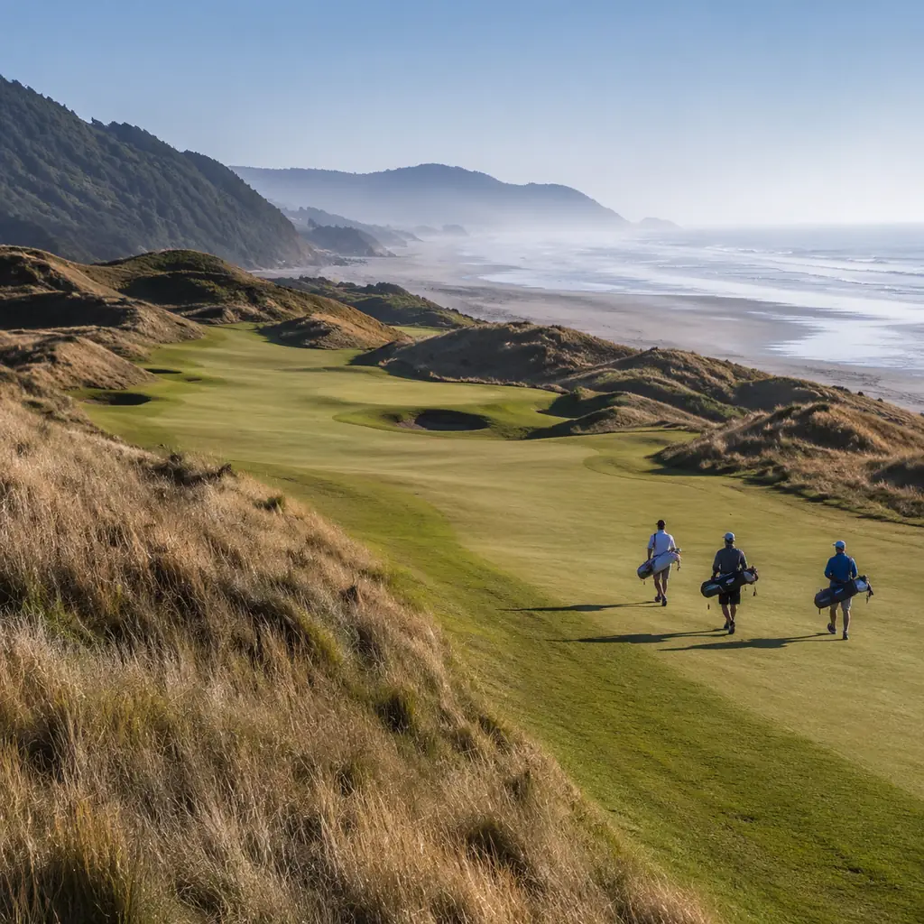 Realistic editorial photo of an Oregon coastal dunes golf course with broad fairway, firm sandy ground, tall fescue, oce