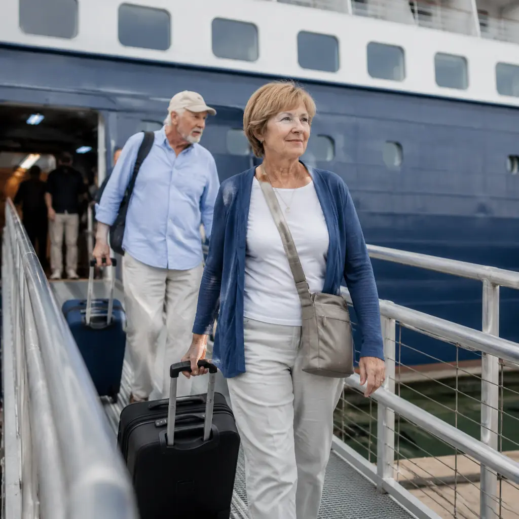 experienced older travelers calmly rolling manageable luggage down a cruise gangway during self-assist departure, realis