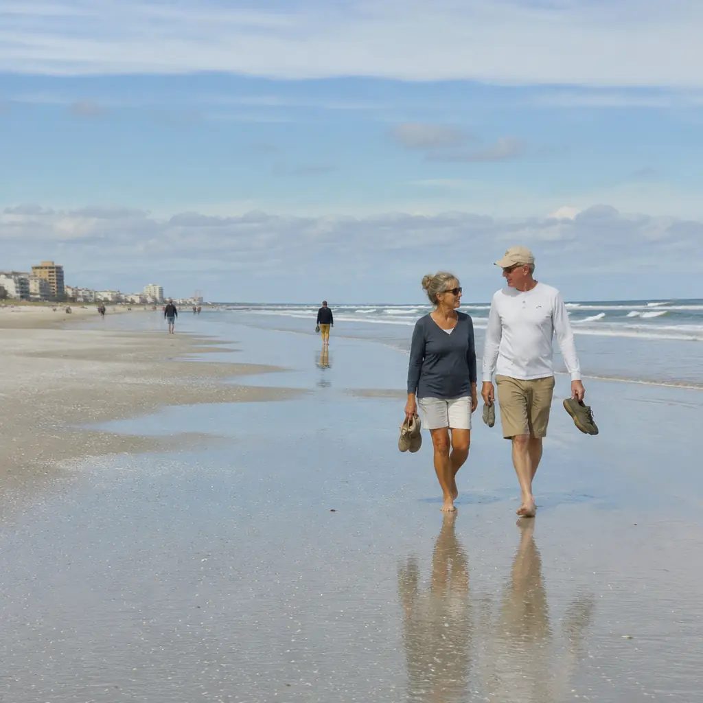 mature travelers strolling a quiet Atlantic beach near New Smyrna Beach Florida on a mild winter weekday, realistic trav