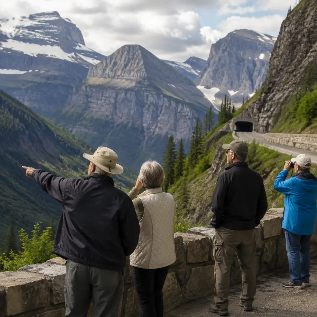 older travelers at a designated overlook along Going to the Sun Road Montana with dramatic glacial mountains, realistic