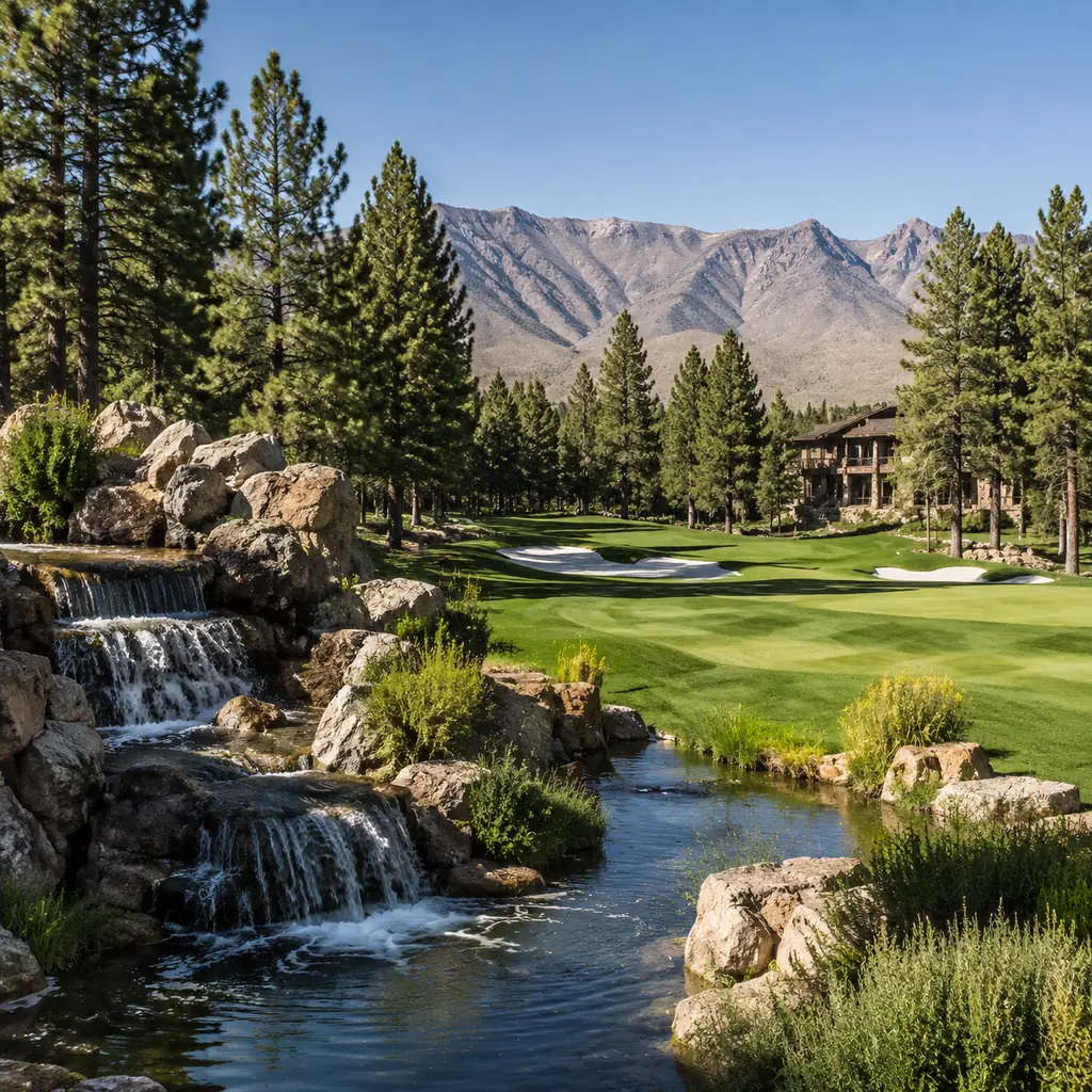 Realistic editorial photo of a lush secluded Nevada golf course with waterfall, pine trees, manicured fairway, desert mo