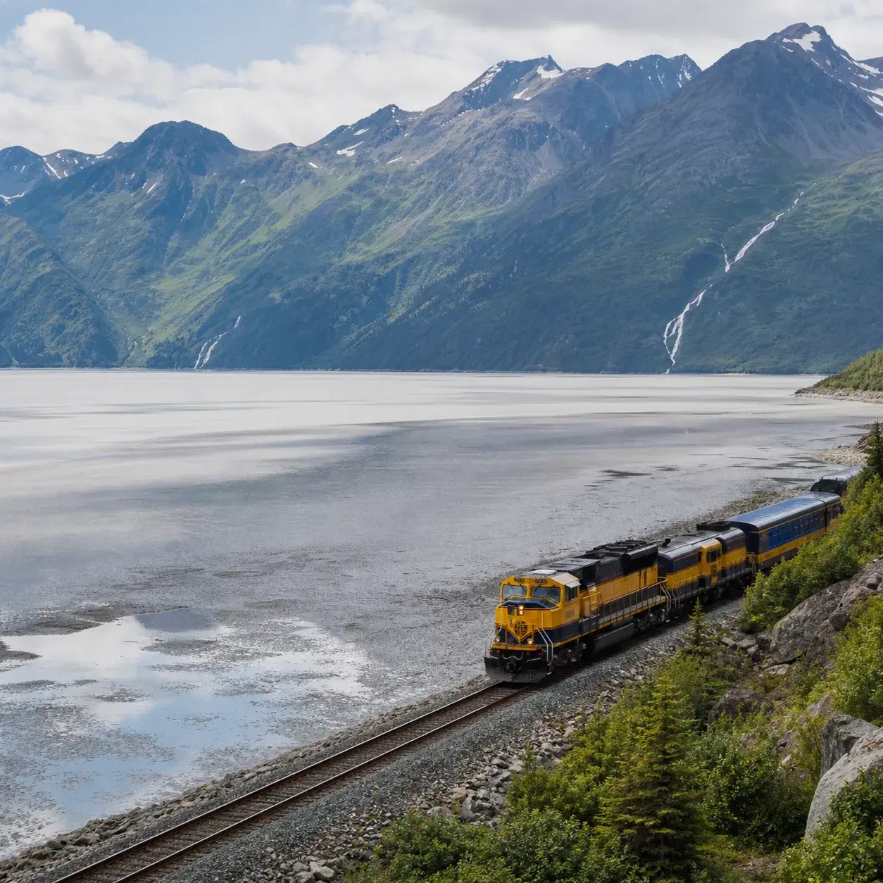 Realistic editorial photo of an Alaska Railroad train beside Turnagain Arm with mountains, tidal flats, waterfalls, and