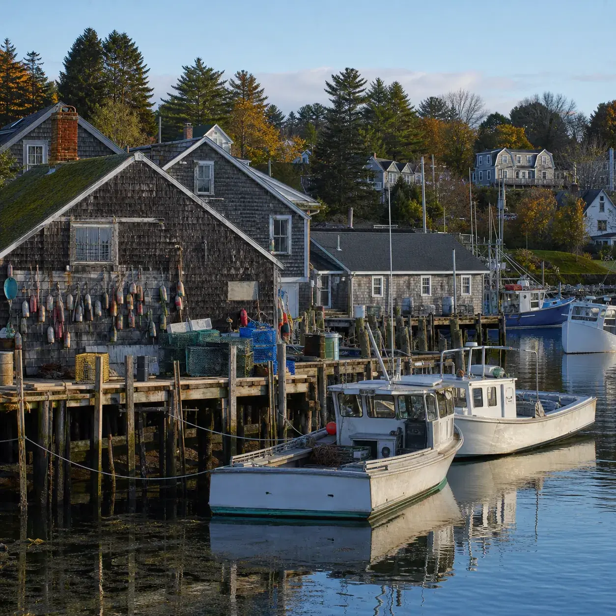 Realistic editorial photo of Boothbay Harbor Maine with working docks, lobster boats, weathered buildings, and crisp coa