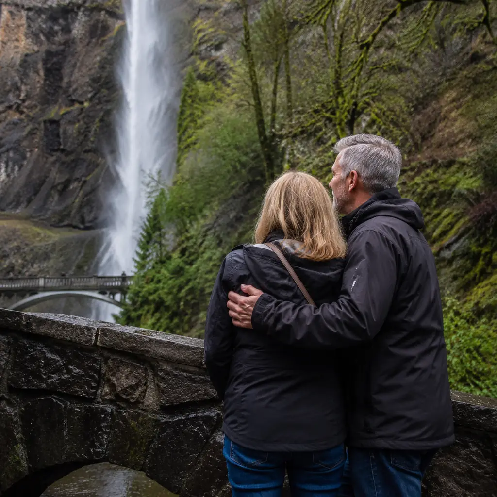 mature couple near a waterfall and historic stone overlook in the Columbia River Gorge Oregon on a weekday, realistic tr