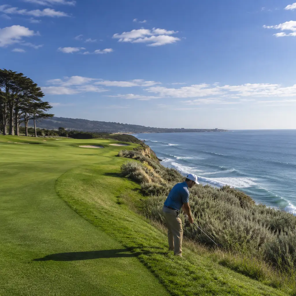Realistic editorial photo of a San Diego cliffside municipal golf course with Pacific Ocean beyond, coastal pines, blue 