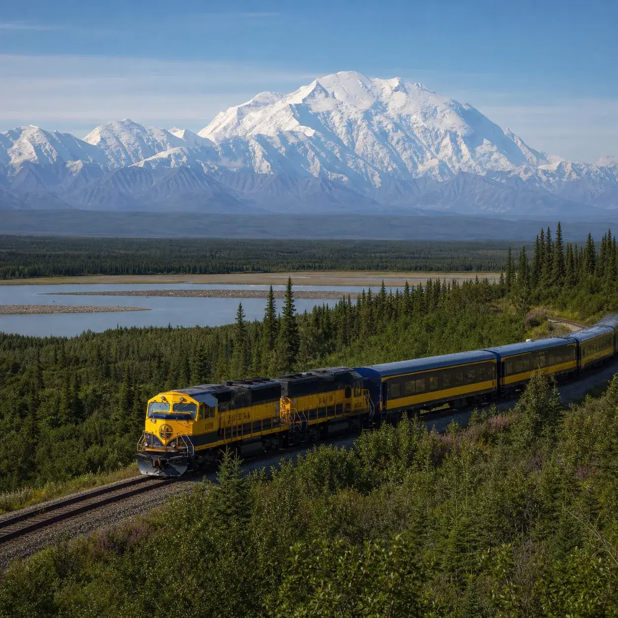 Realistic editorial photo of an Alaska Railroad train crossing broad wilderness with Denali visible beyond forest and ri