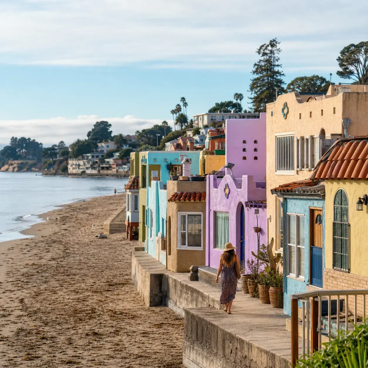 Realistic editorial photo of Capitola California colorful beachfront houses, small beach, village street, and soft Monte