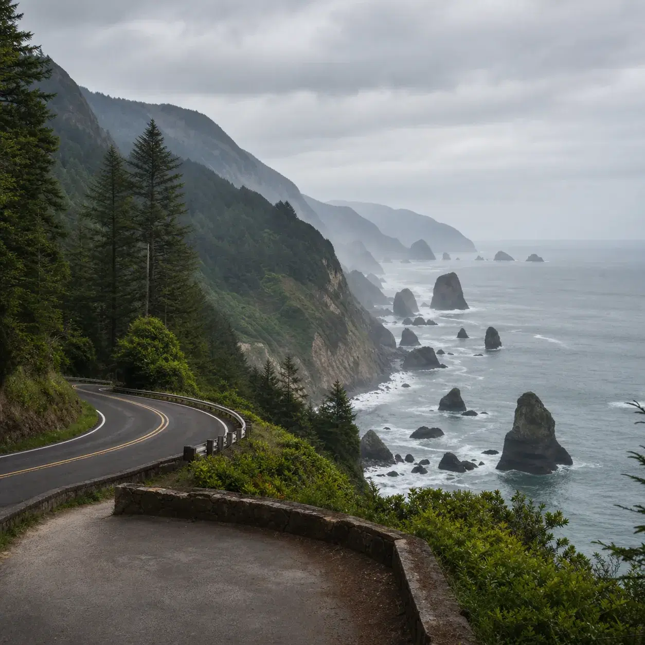 Realistic editorial photo of Oregon Coast Highway with sea stacks, misty cliffs, evergreen trees, and a small roadside v