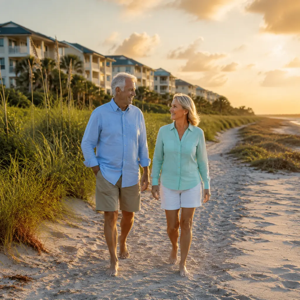 retired couple enjoying a calm sunrise walk on Vero Beach Florida with sea oats and low-rise buildings, realistic travel