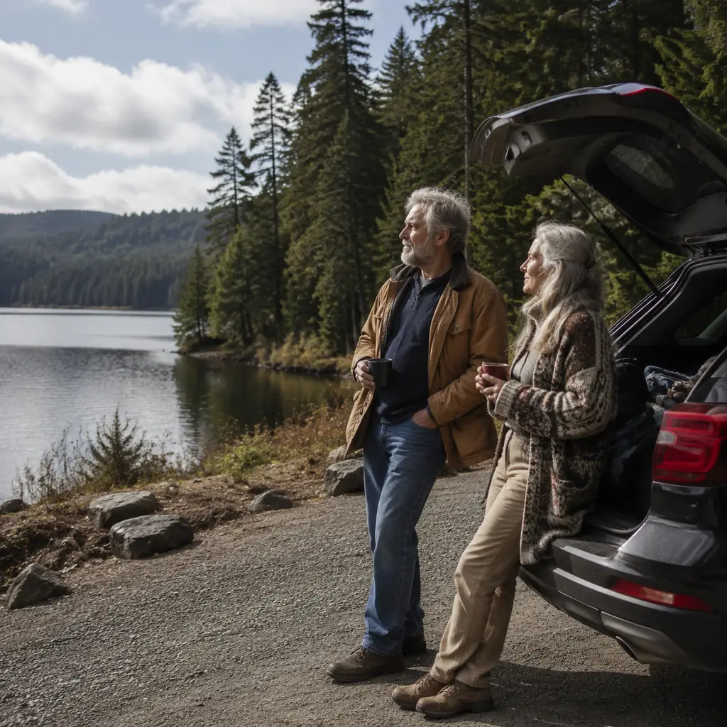 older road trippers beside a quiet lake and evergreen forest along Highway 101 on the Olympic Peninsula Washington, real