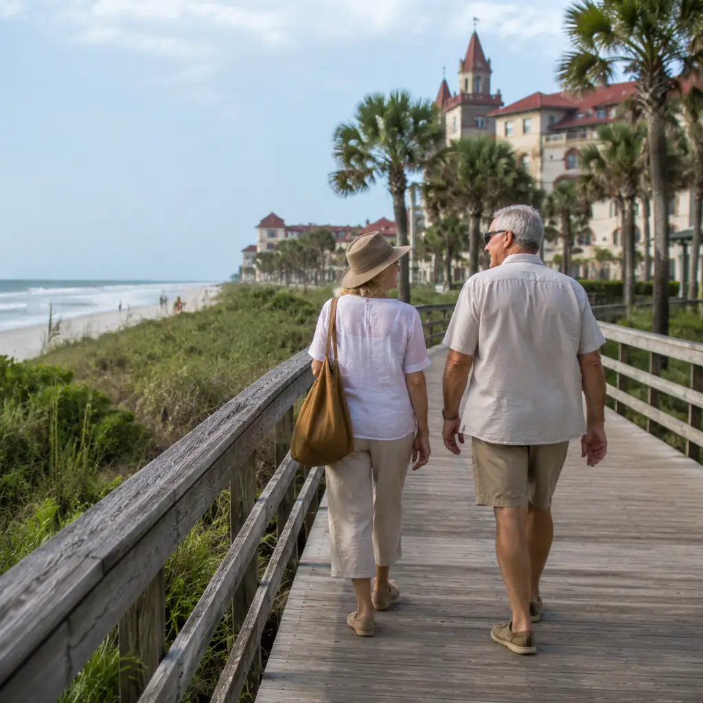 older travelers walking a quiet boardwalk at St Augustine Beach Florida before visiting the historic city, realistic tra