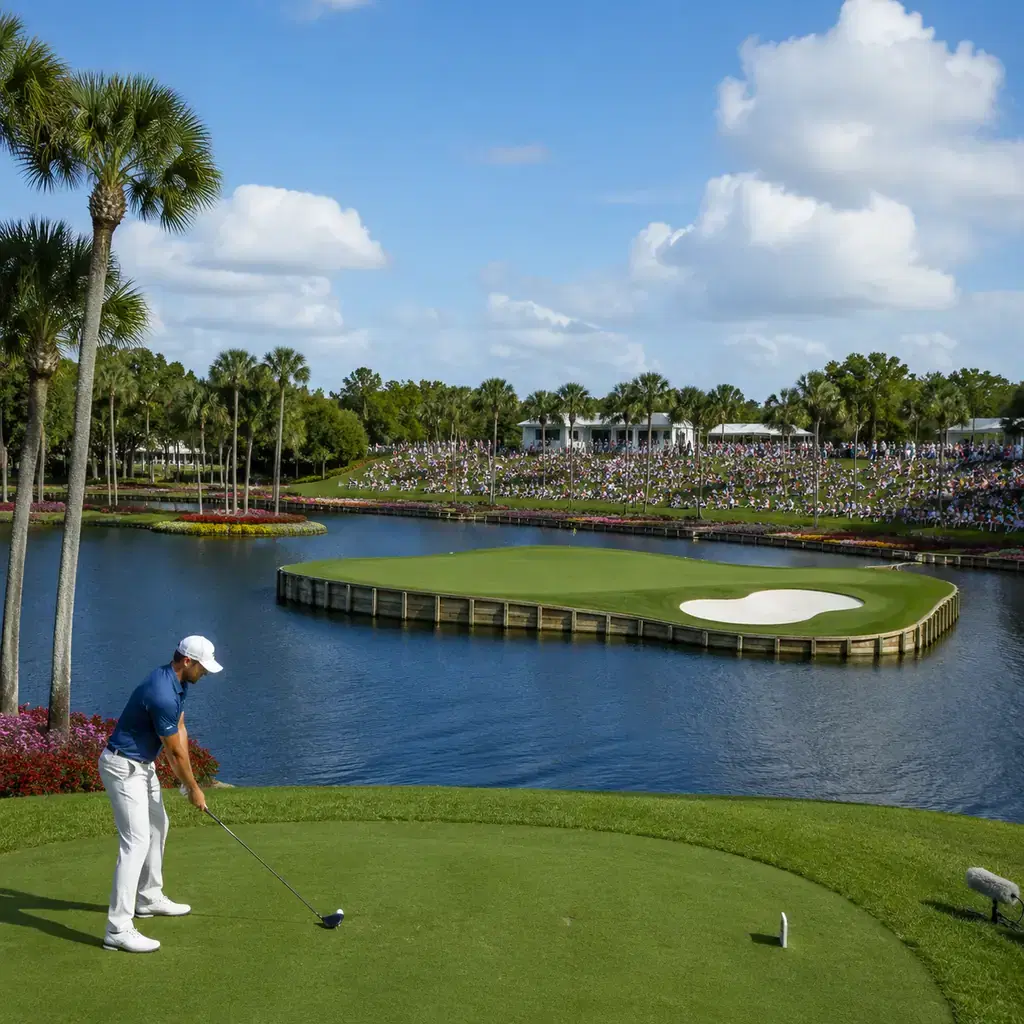 Realistic editorial photo of a Florida stadium golf hole with island green over water, palm trees, spectator mounds, and