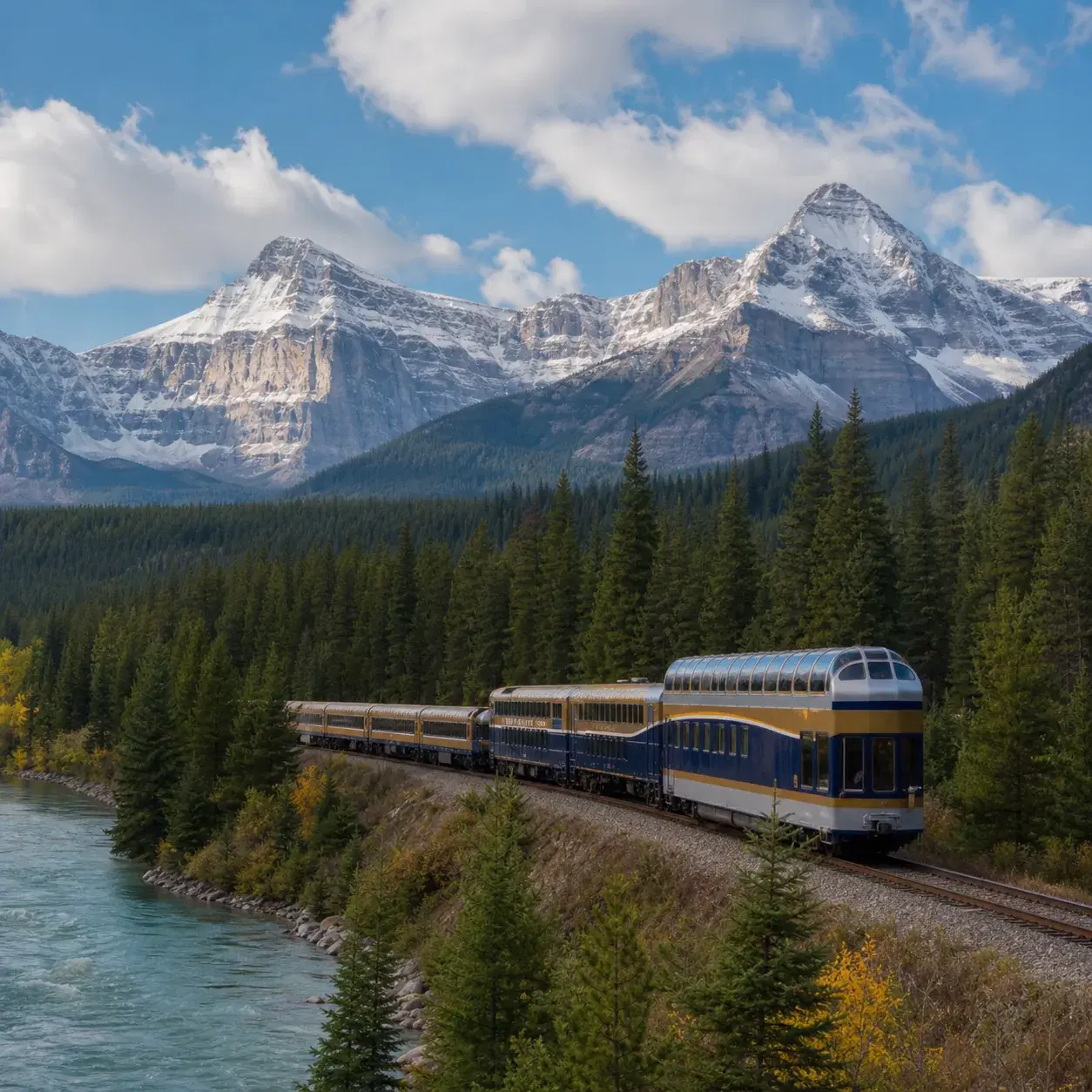 Realistic editorial photo of a long-distance passenger train crossing the Canadian Rockies with dome observation car, pi