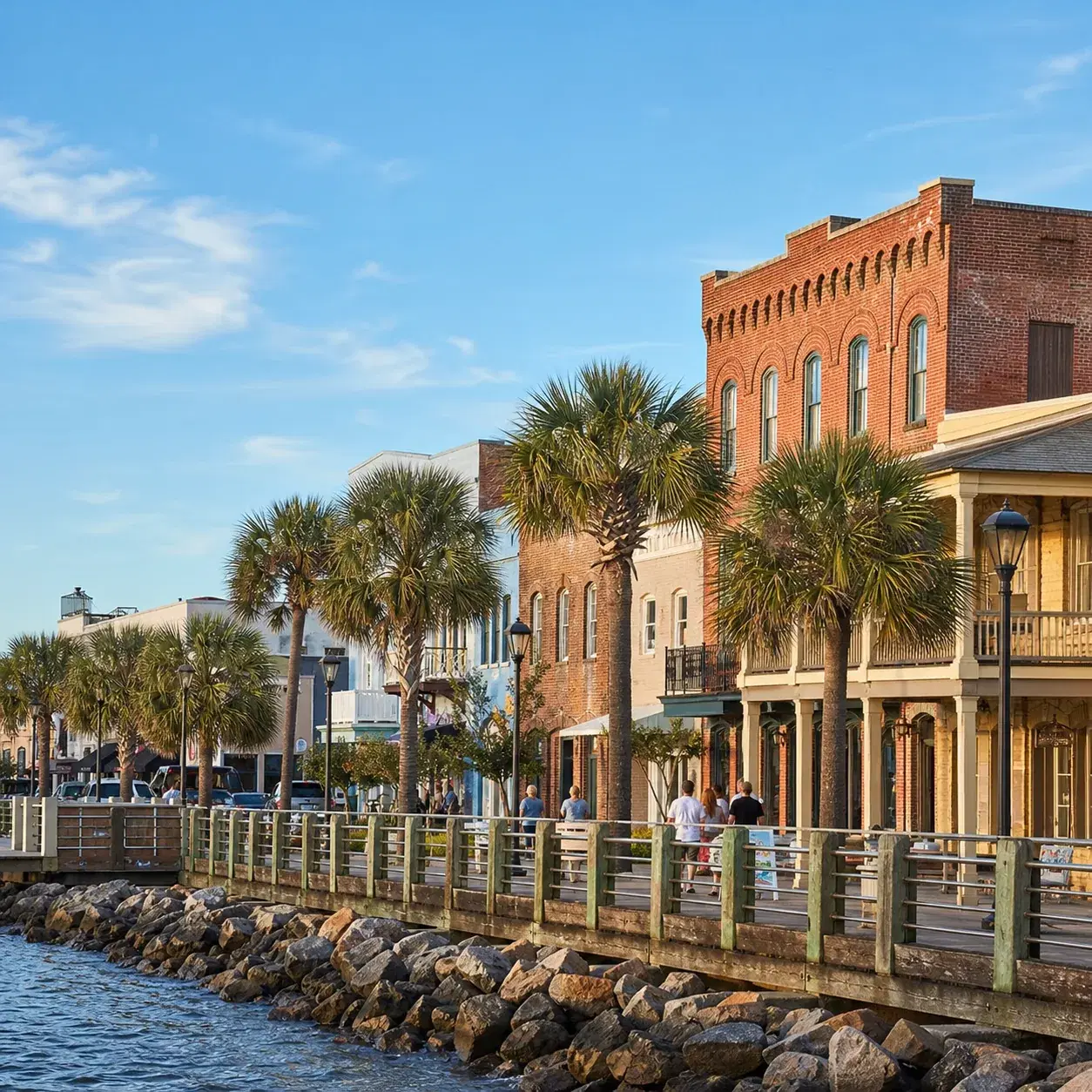 Realistic editorial photo of Fernandina Beach Florida historic downtown with brick storefronts, palm trees, harbor edge,