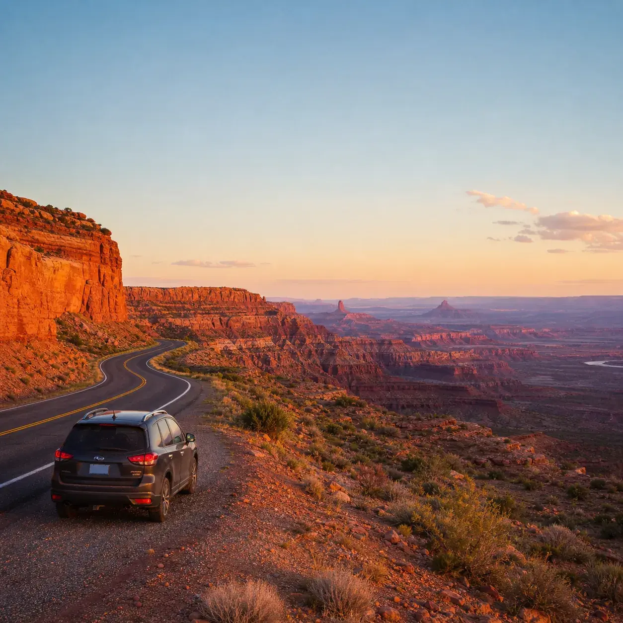 Realistic editorial photo of Utah Scenic Byway 12 cutting through red rock desert with canyon views, a parked road trip 