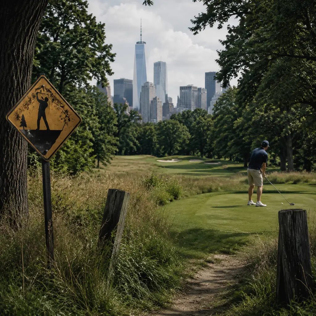 Realistic editorial photo of a demanding New York public golf course with warning sign style entrance without readable t