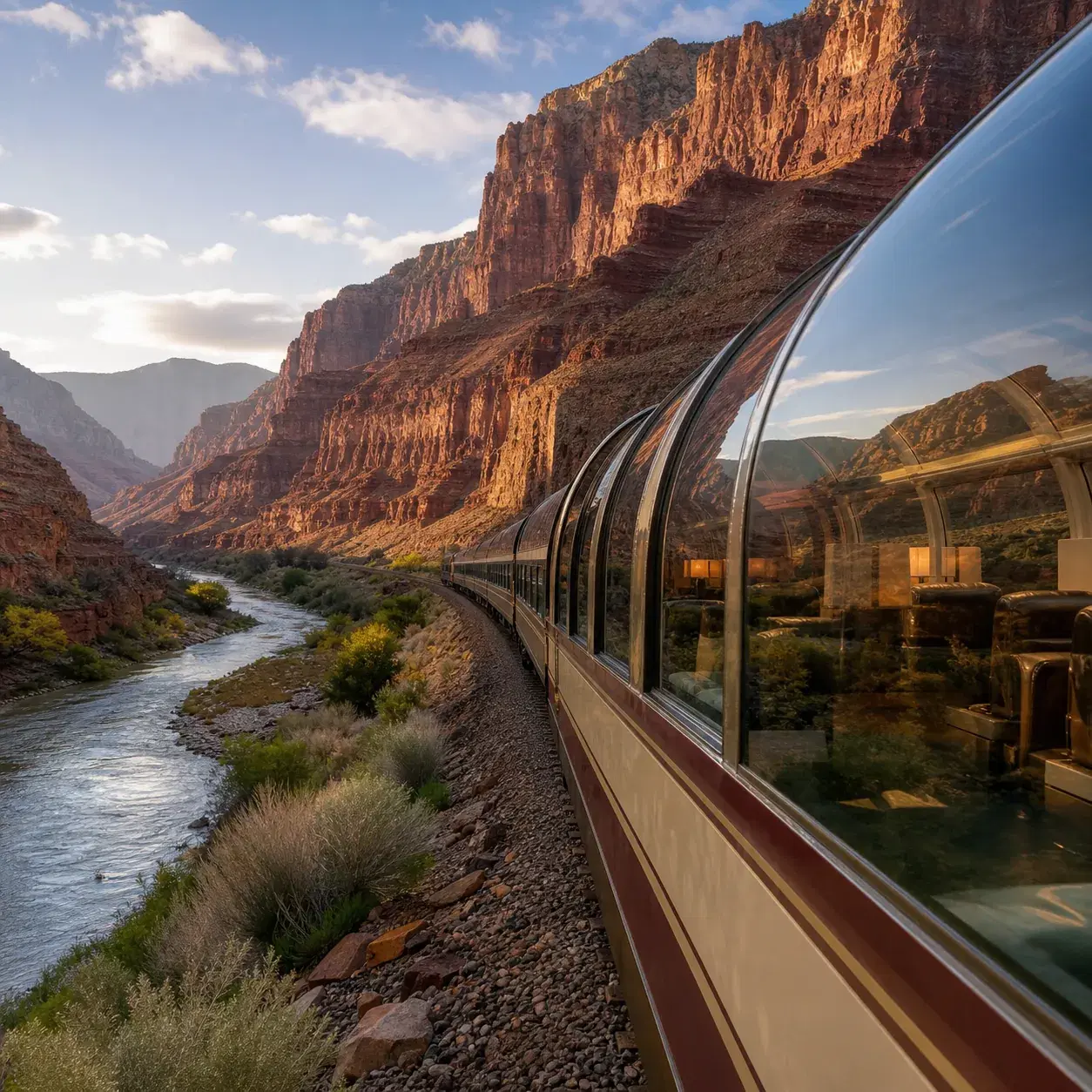 Realistic editorial photo of a luxury glass-dome train traveling through red rock canyon country between Colorado and Ut