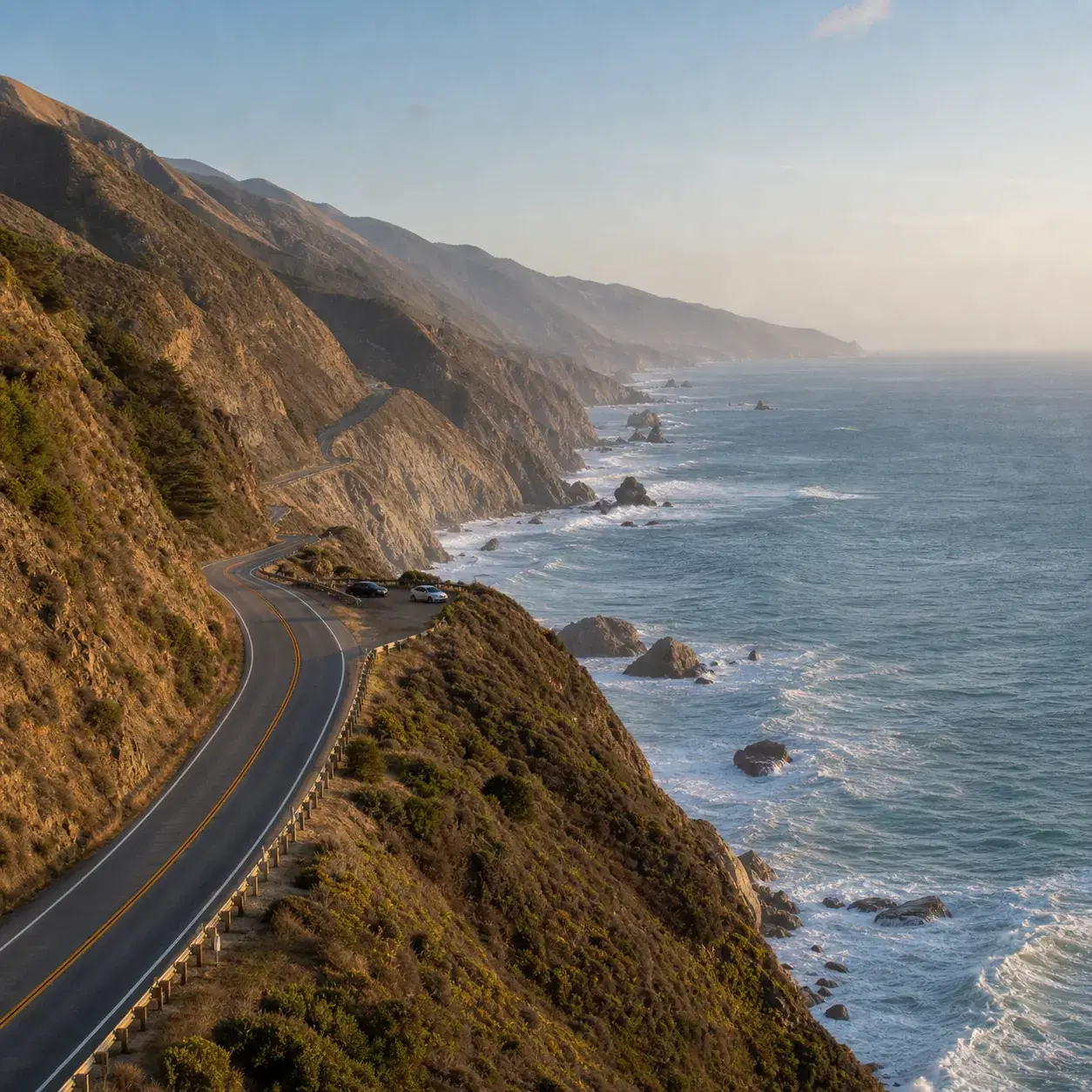 Realistic editorial photo of California Highway 1 curving along Big Sur cliffs with ocean waves below, golden coastal li