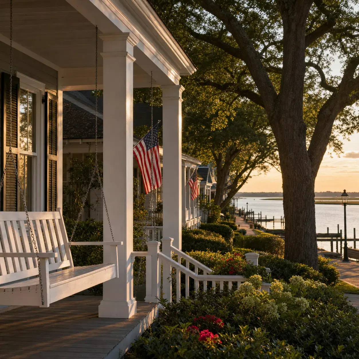 Realistic editorial photo of Southport North Carolina waterfront with porch-front homes, white swings, river view, and g