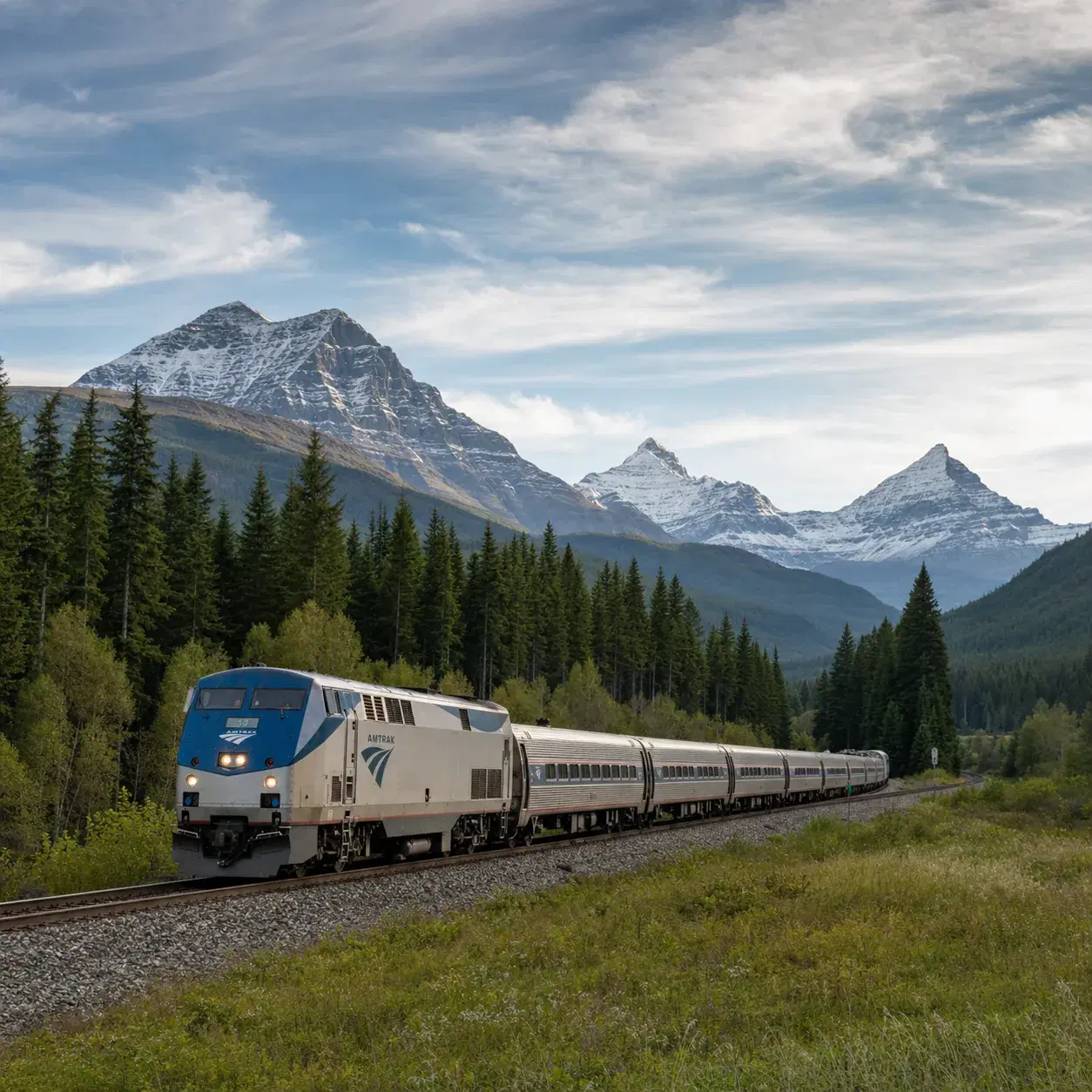 Realistic editorial photo of an Amtrak long-distance train passing near Glacier National Park with mountains, pine fores