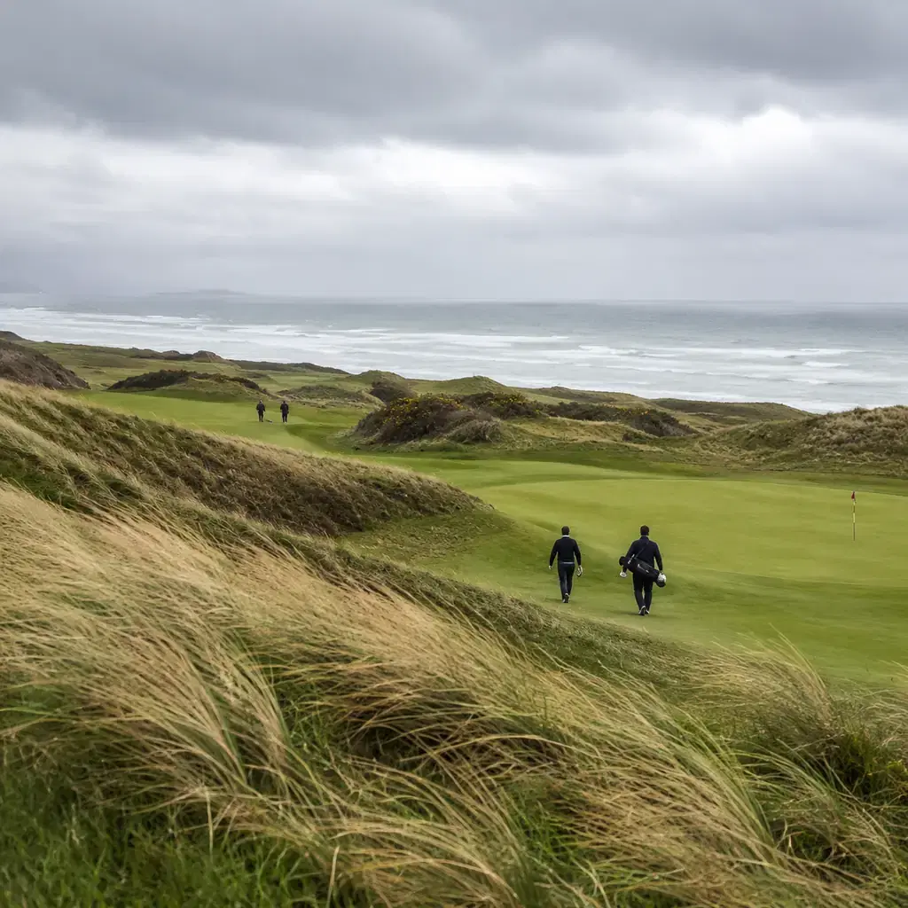 Realistic editorial photo of an Oregon coastal golf course with dunes, fescue, ocean horizon, walking golfers, and breez