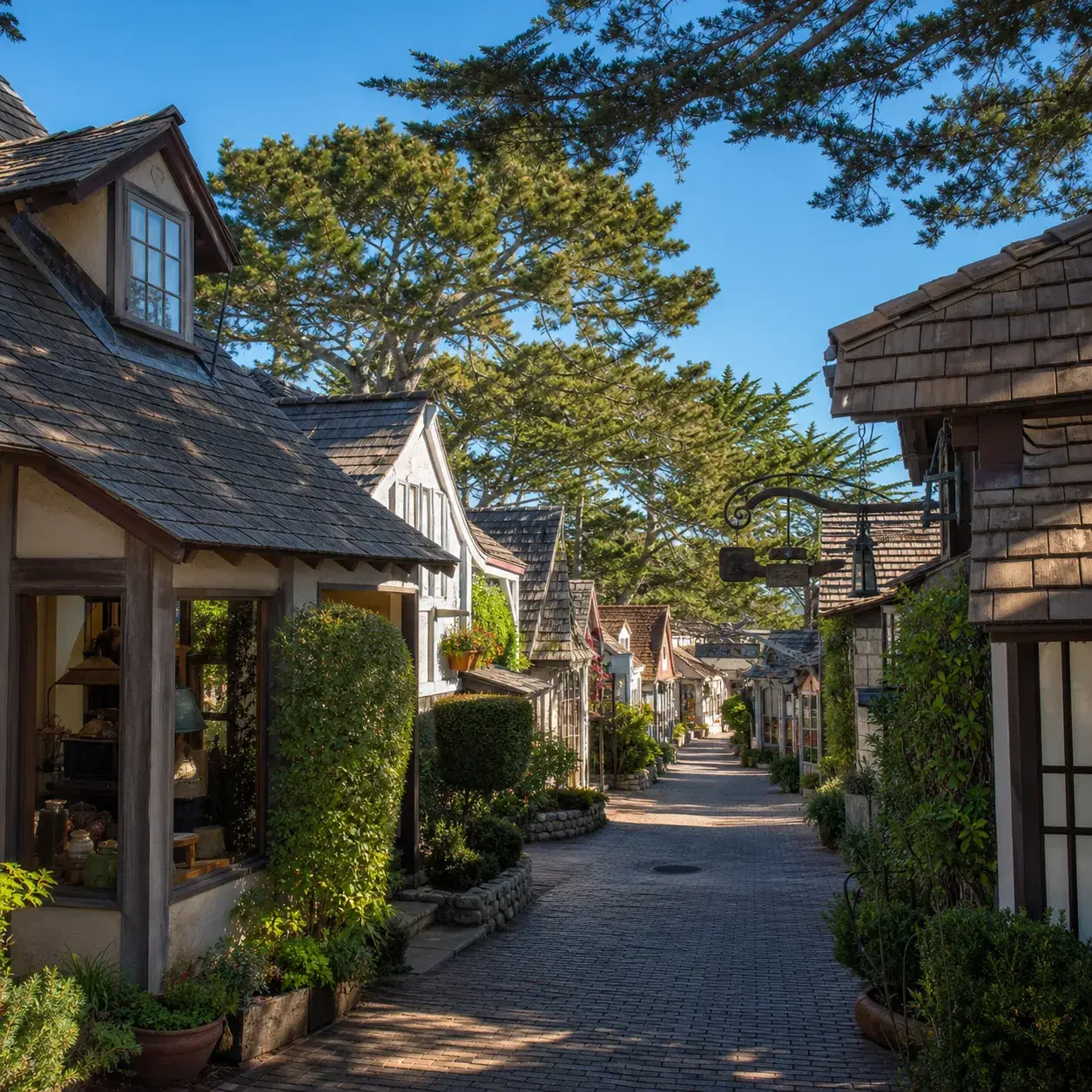 Realistic editorial photo of Carmel-by-the-Sea California village lane with cottages, cypress trees, boutique storefront