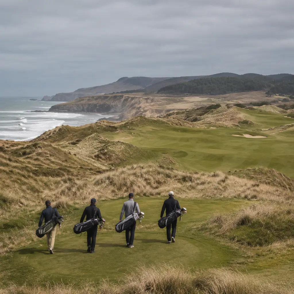 Realistic editorial photo of a rugged Oregon links golf course with sandy dunes, ocean cliffs, low fescue, gray sky, and