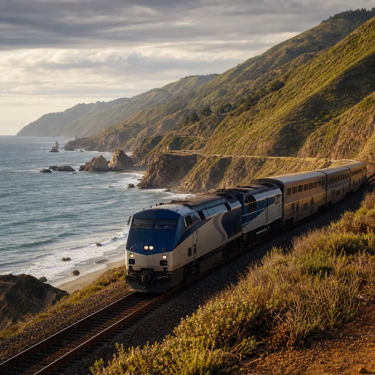 Realistic editorial photo of an Amtrak Coast Starlight train moving along the Pacific Coast with ocean cliffs, green hil