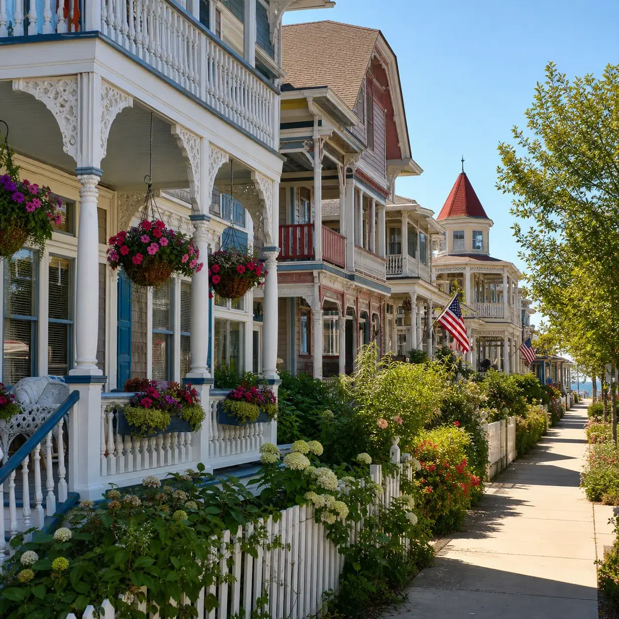Realistic editorial photo of Cape May New Jersey Victorian homes near the beach, colorful porches, flower boxes, and sof