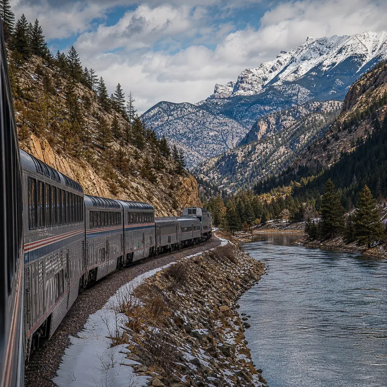 Realistic editorial photo of an Amtrak California Zephyr train following the Colorado River through a Rocky Mountain can