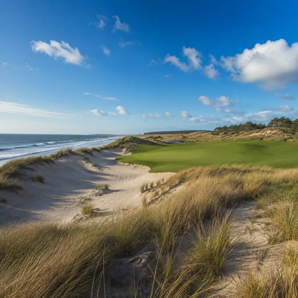 Realistic editorial photo of an Atlantic coastal golf course with dune grasses, sandy waste area, ocean wind, and green 