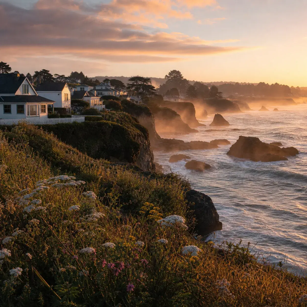Realistic editorial photo of Mendocino California coastal village with white cottages, wildflower bluffs, rugged Pacific