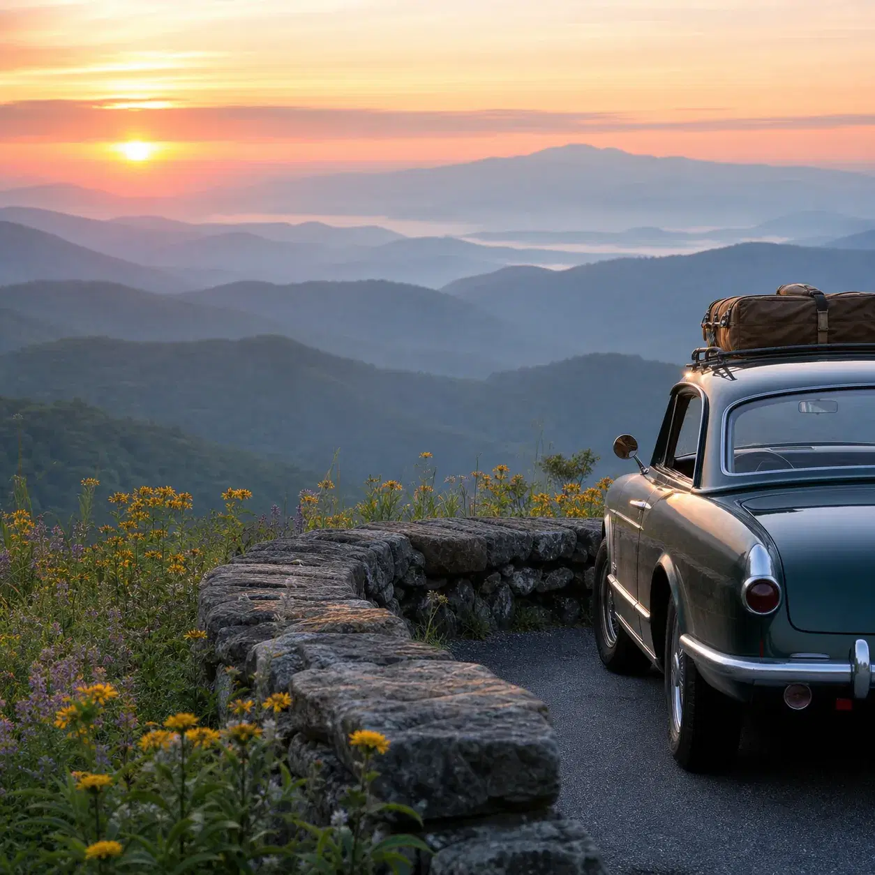 Realistic editorial photo of the Blue Ridge Parkway with layered Appalachian mountain views, a stone overlook wall, wild