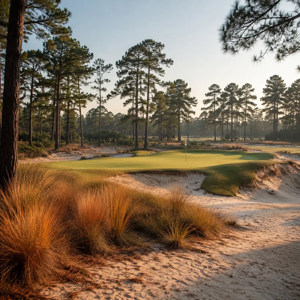 Realistic editorial photo of a classic North Carolina Sandhills golf course with pine trees, sandy native areas, crowned