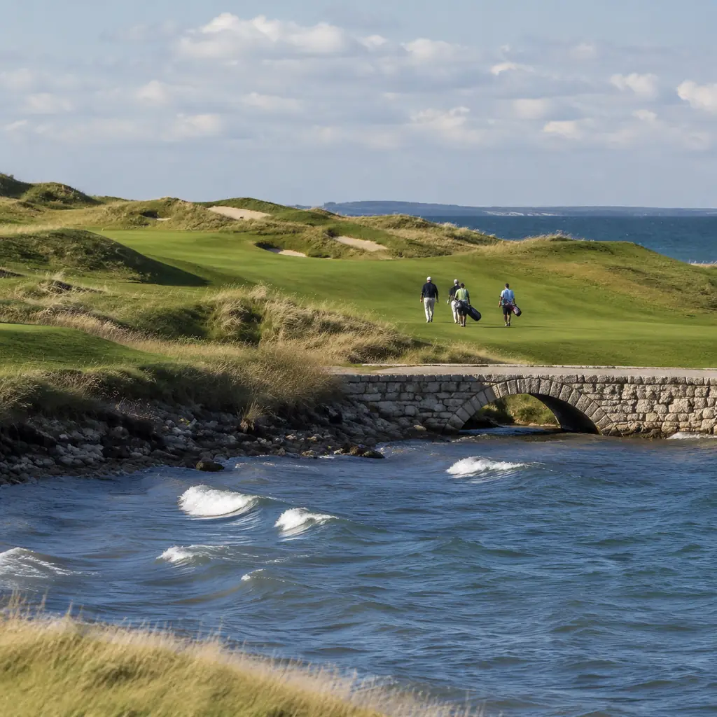 Realistic editorial photo of a rugged Lake Michigan links style golf course with fescue dunes, blue lake water, stone br