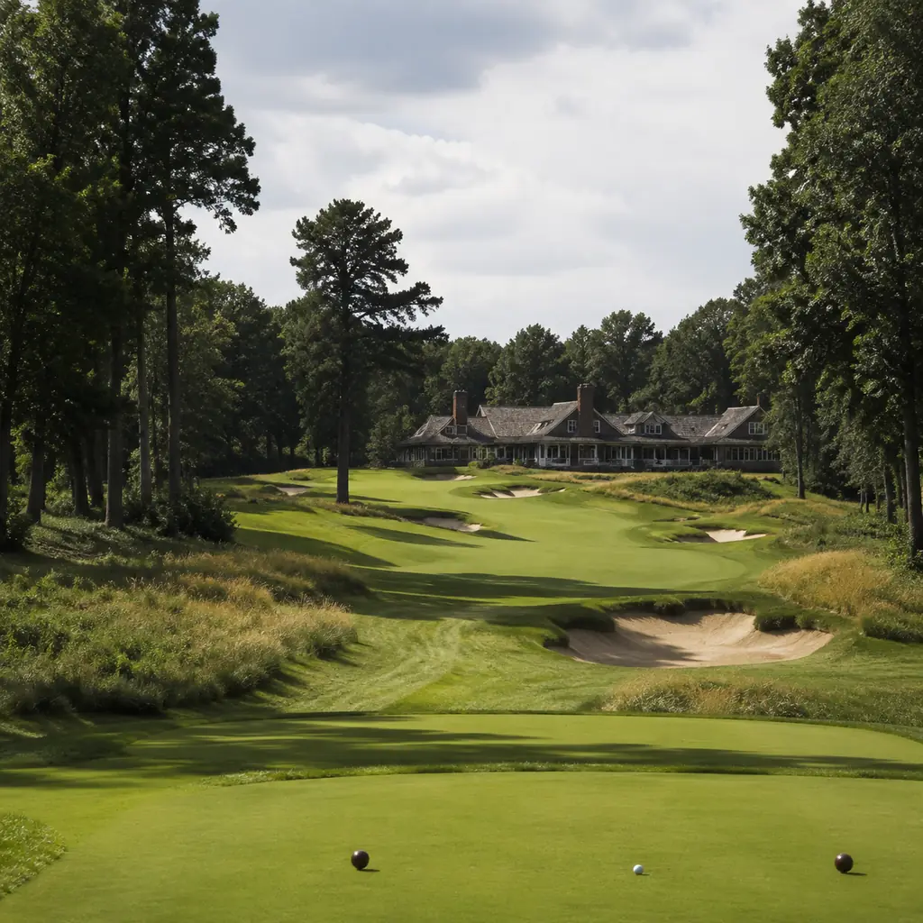 Realistic editorial photo of a classic private New York golf course with narrow tree lined fairway, deep bunkers, thick 