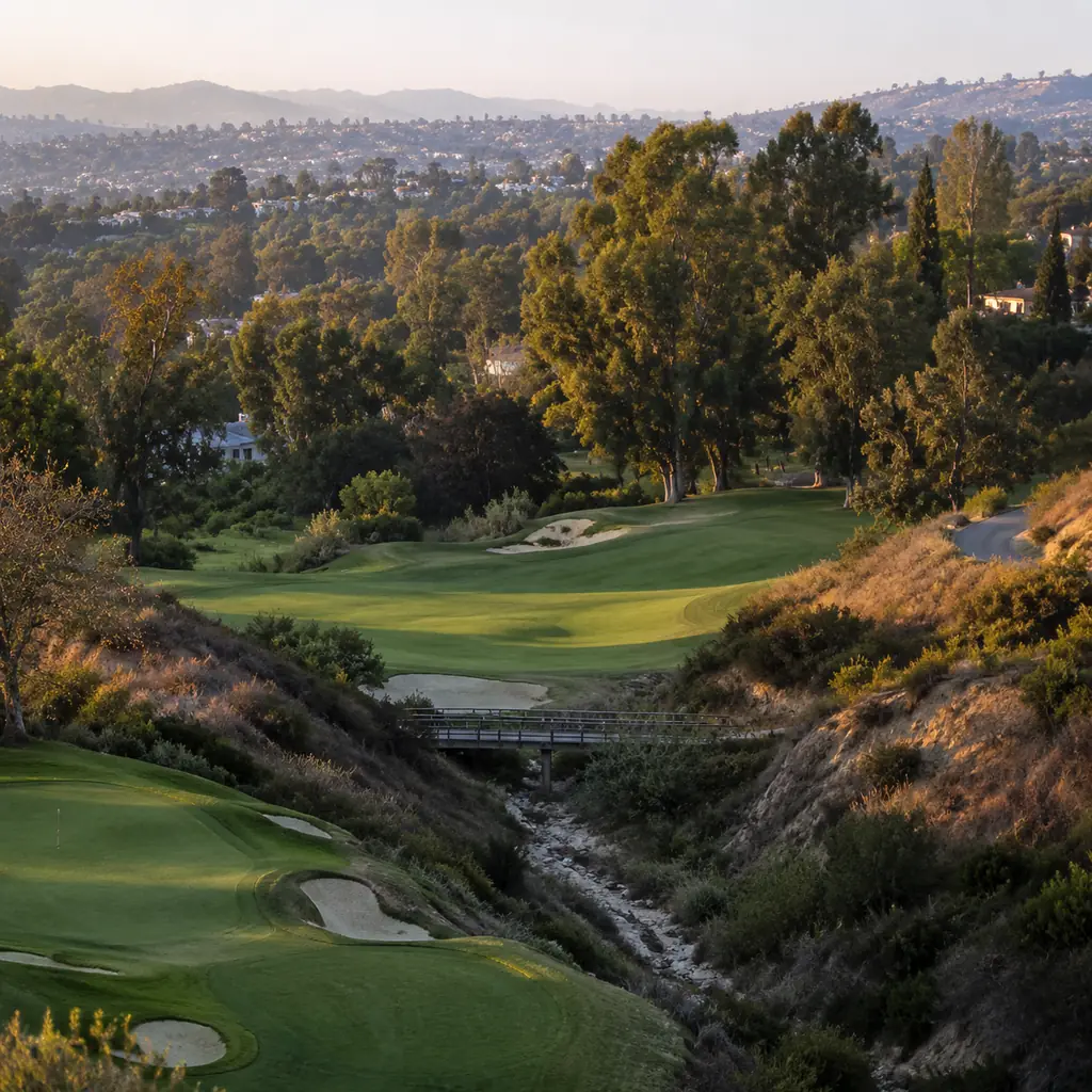 Realistic editorial photo of a private Los Angeles canyon golf course with barranca crossing, dry native grasses, mature