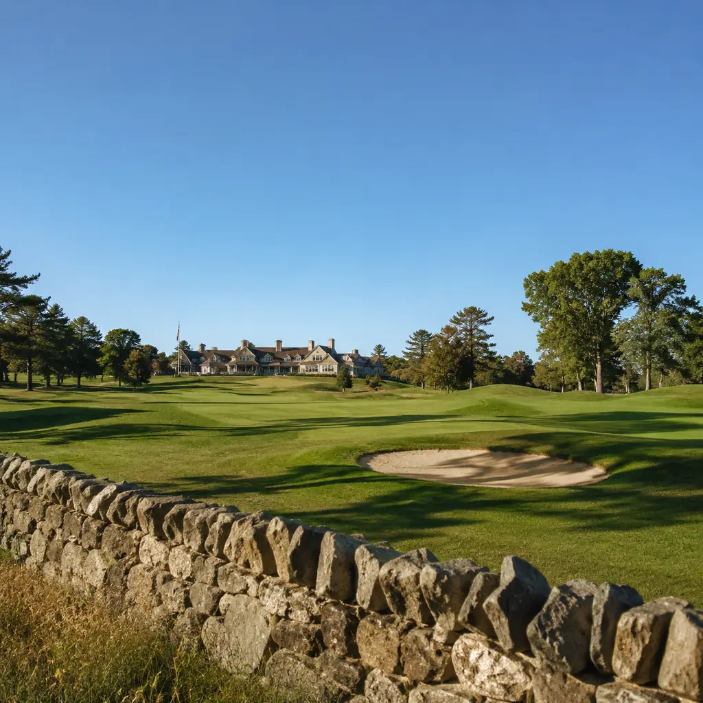 Realistic editorial photo of a historic New England private golf course with old stone wall, rolling fairway, mature tre