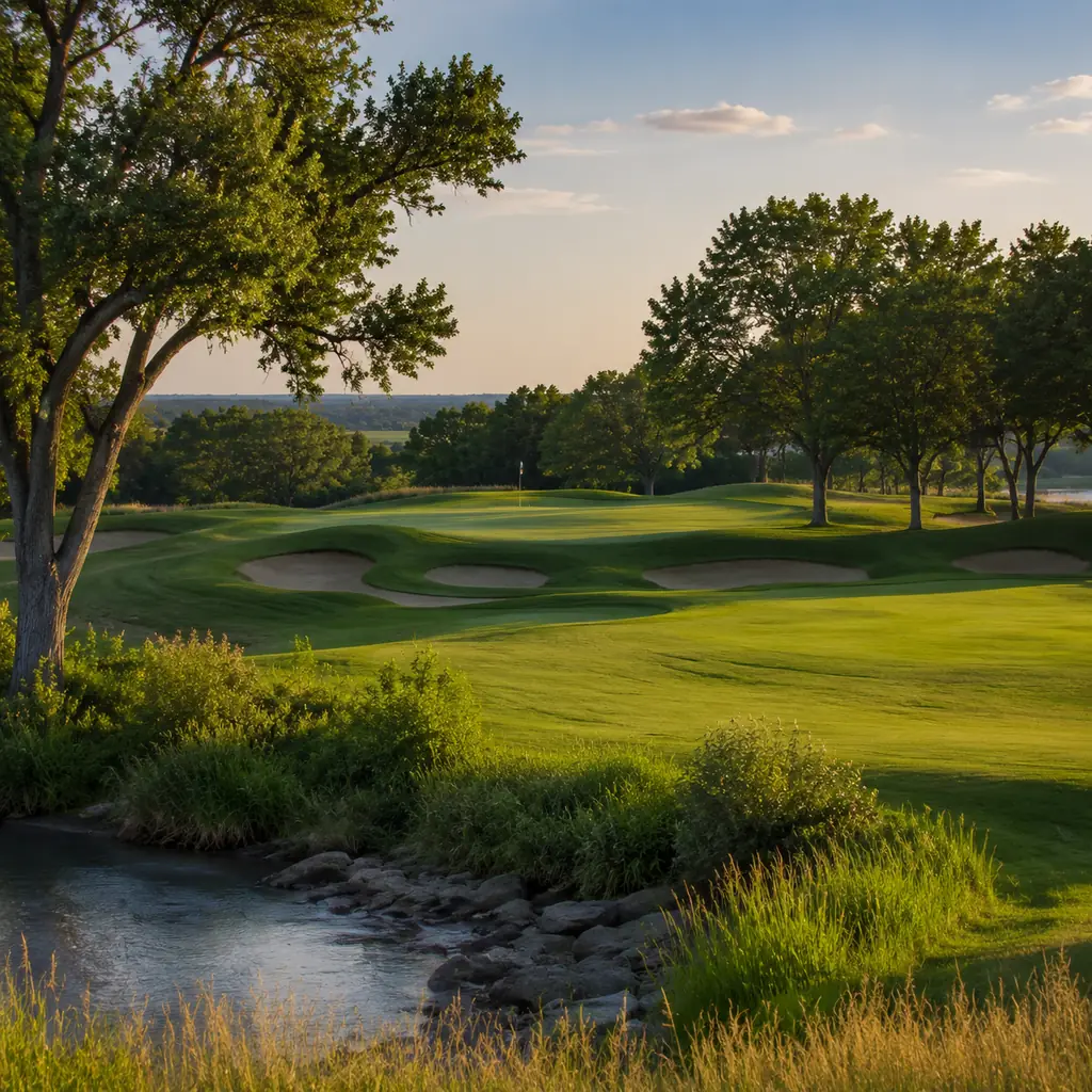Realistic editorial photo of a classic Oklahoma private golf course with rolling fairway, creek edge, mature trees, bunk