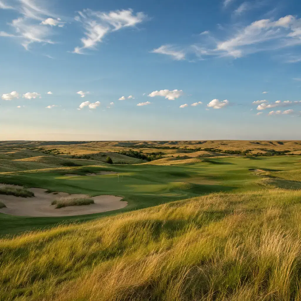Realistic editorial photo of a Kansas sandhills private golf course with rolling prairie, native grasses, sandy bunkers,