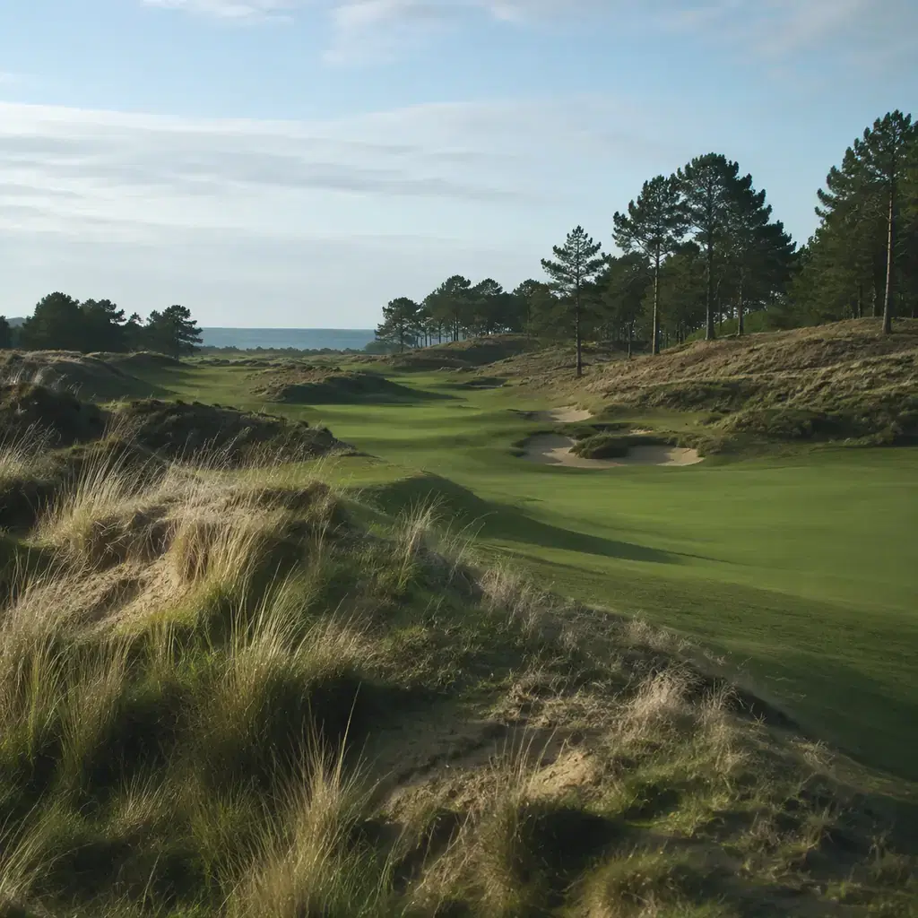 Realistic editorial photo of a classic Michigan private golf course with dunes, Lake Michigan trees, rolling fairway, ol