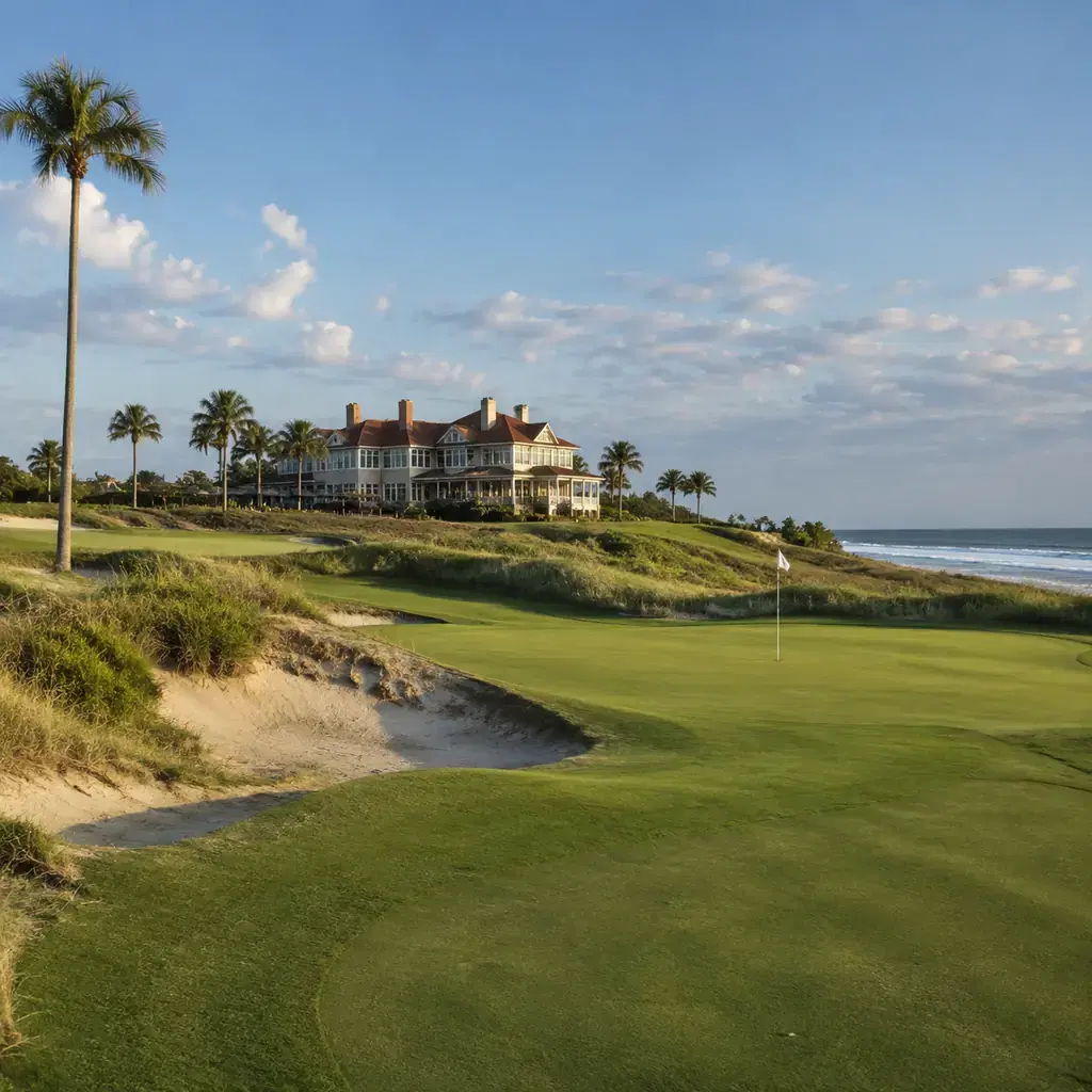 Realistic editorial photo of an exclusive Florida coastal golf course with low dunes, palm trees, ocean breeze, firm fai