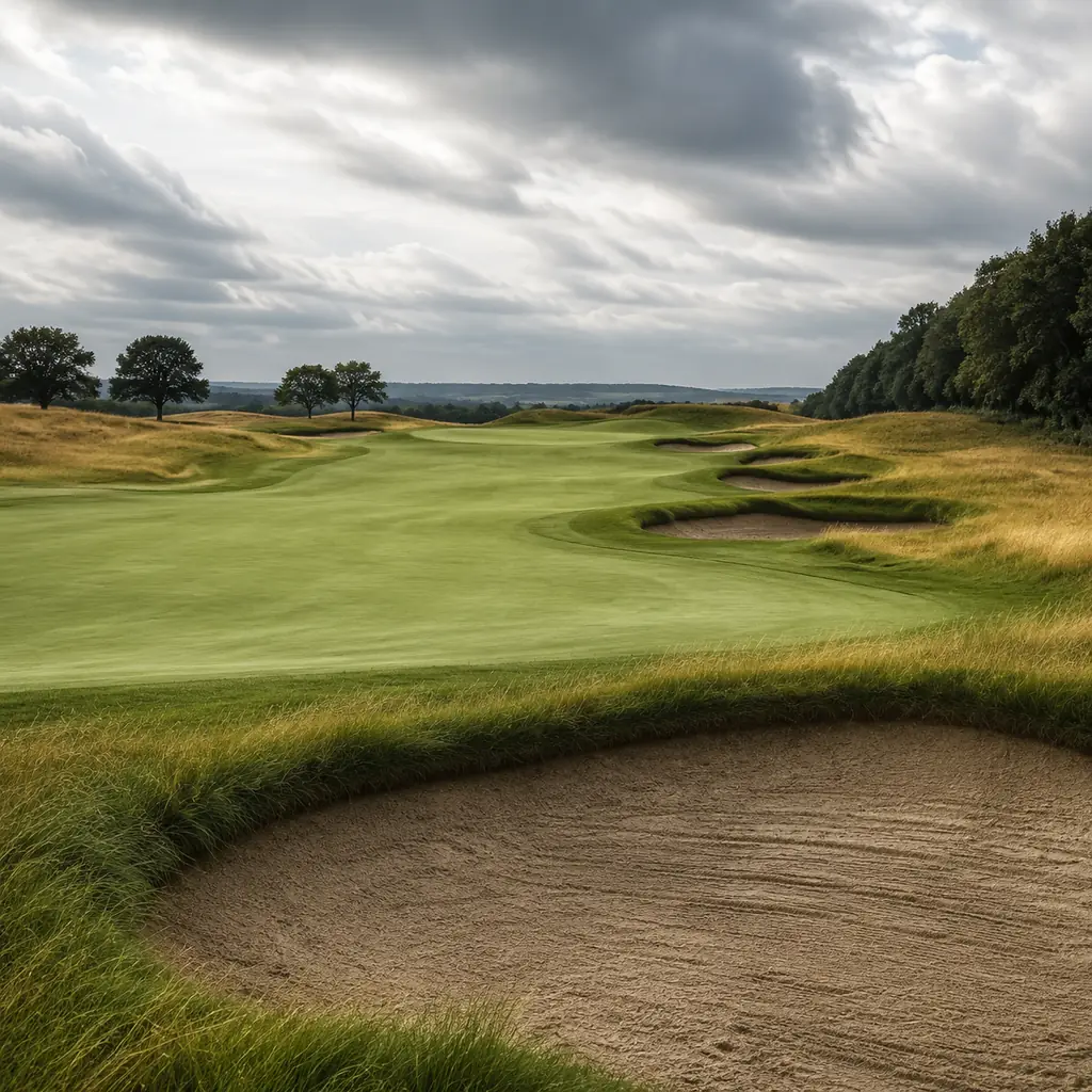 Realistic editorial photo of a stern Pennsylvania championship golf course with church pew style bunkers, fast looking f