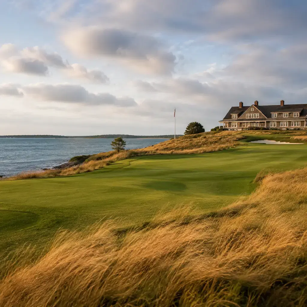 Realistic editorial photo of a classic Long Island private golf course with wind brushed fairway, bay water nearby, gold