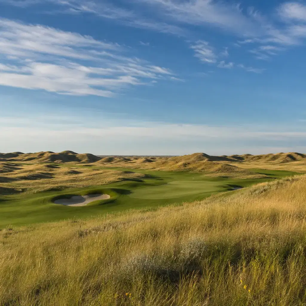 Realistic editorial photo of a remote Nebraska sand hills private golf course with vast dunes, native grass, firm fairwa