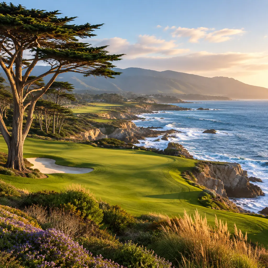Realistic editorial photo of a Monterey Peninsula oceanfront golf course with cliffs, cypress trees, Pacific waves, gree