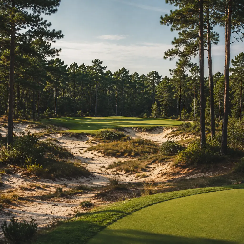 Realistic editorial photo of a secluded New Jersey pine barrens private golf course with sandy waste areas, tall pines, 