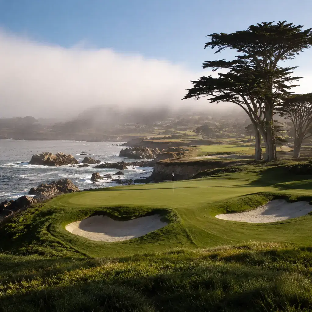 Realistic editorial photo of an exclusive Monterey coastal golf course with cypress trees, rocky Pacific shoreline, ocea