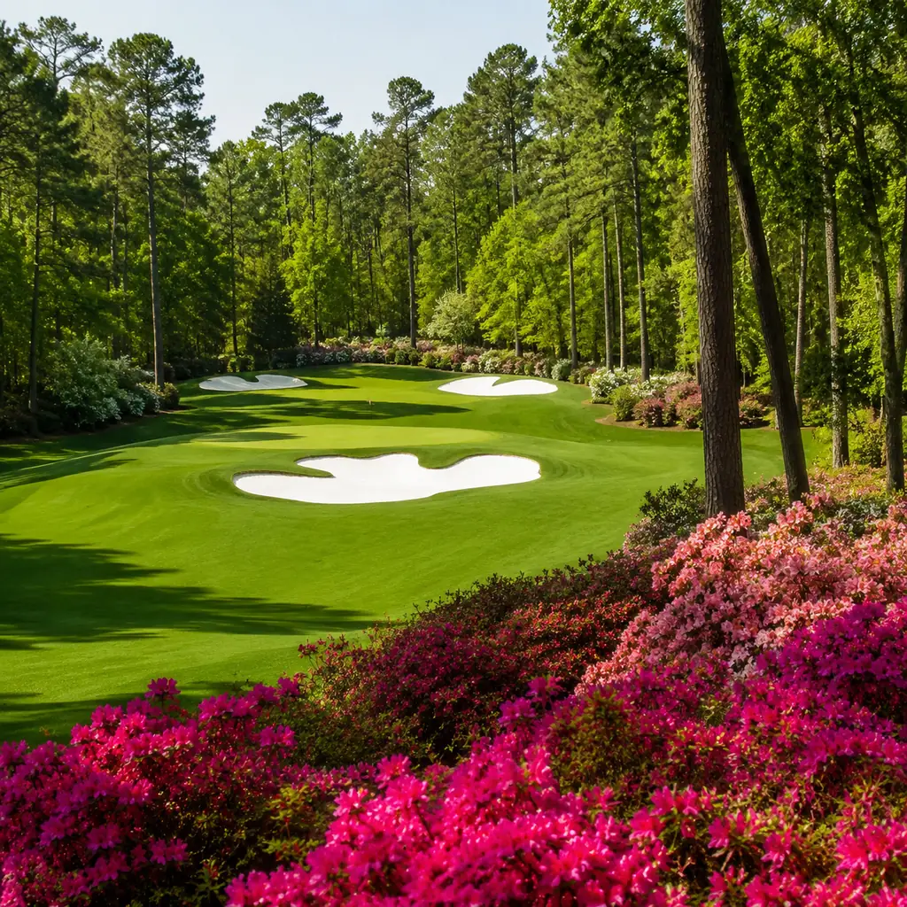 Realistic editorial photo of an iconic private Georgia golf course in spring with blooming azaleas, bright green fairway